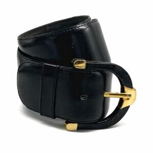 Vintage French Sculptural Leather Belt | Curved Gold Buckle | High-Shine Cinch